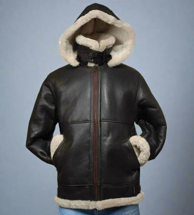 men's shearling jacket with hood and buckled collar